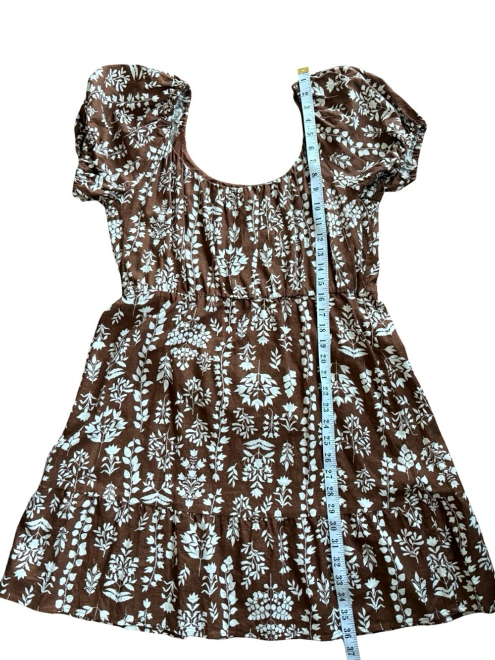 Reitmans Brown Floral Puff Sleeve Mini Dress Cottagecore Size L Linen Blend - Picture 11 of 14